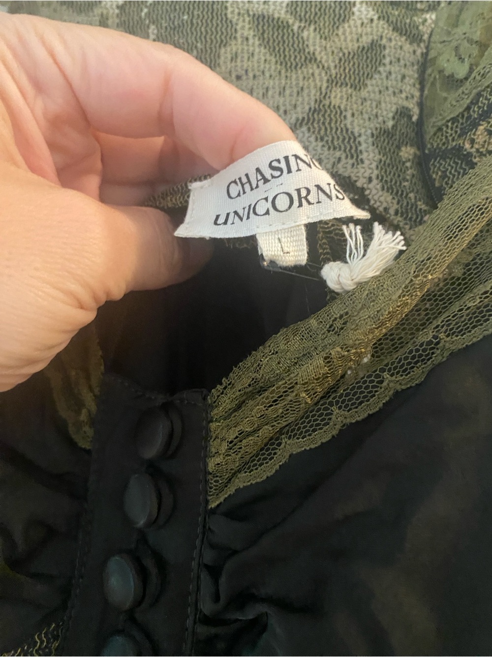 Chasing Unicorns Black Slip Dress with Olive Lace Trim - Picture 2 of 3